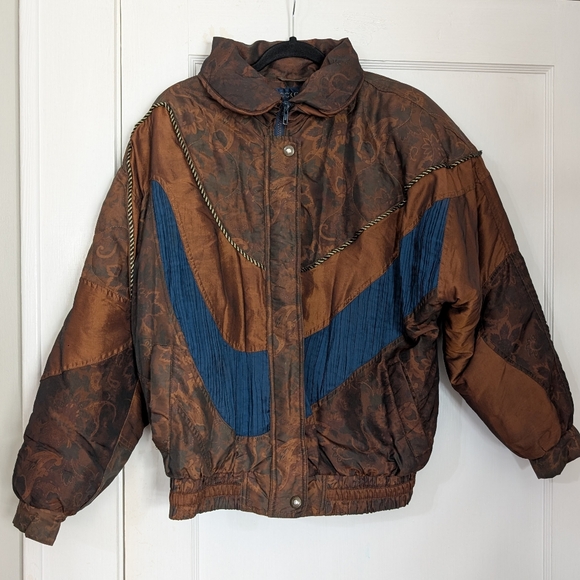 Vintage Rock Creek 80s/90s ski bomber jacket S – brown/blue chevron, rope trim - Picture 1 of 5